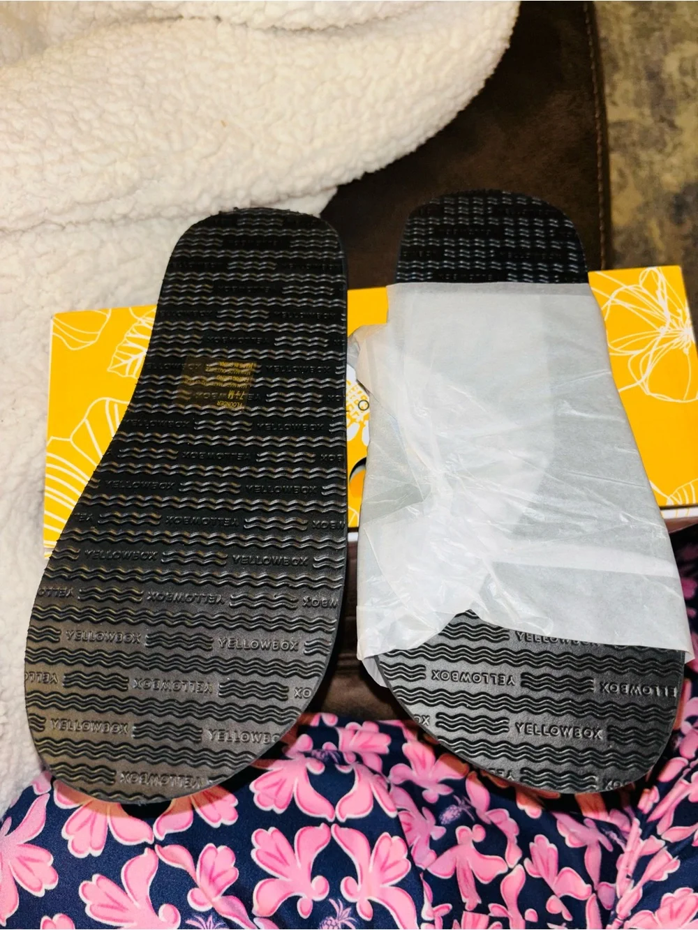 Yellow Box Black Sole Flip Flops with Turquoise Floral Straps